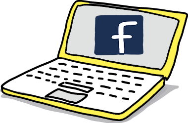 Zu sehen ist ein geöffneter Laptop in der Farbe Geld. Auf dem grauen Bildschirm ist das Logo des Sozialen Netzwerks Facebook zu sehen.