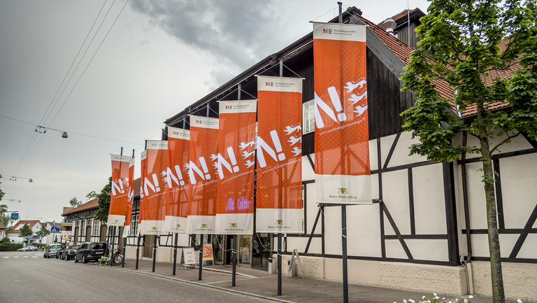 Weiterlesen über Politik im Rahmen der Nachhaltigkeitsstrategie. Im Bild erkennt man eine lange Reihe mit Fahnen der Nachhaltigkeitsstrategie. An mehreren Fahnenmasten hängen orangefarbene Fahnen der Nachhaltigkeitsstrategie Baden-Württemberg.