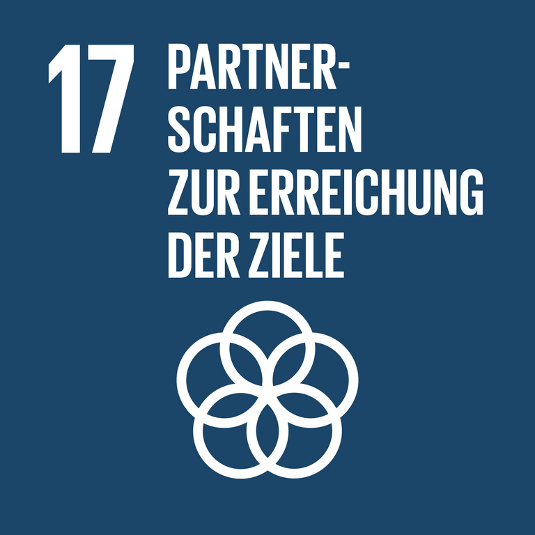 Icon für SDG 17 – Partnerschaften, dargestellt werden fünf ineinandergeschlungene Kreise auf dunkelblauem Hintergrund.