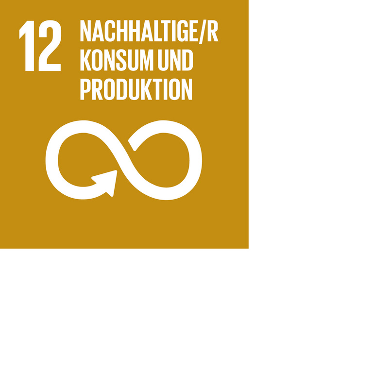 Icon für SDG 12 Verantwortungsvoller Konsum, dargestellt wird eine liegende Acht mit Pfeil auf braunem Hintergrund.