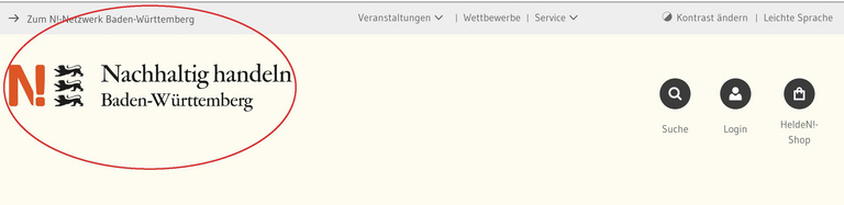 Ein Sreenshot des Headers zeigt die ersten beiden Navigationszeilen. Rot umrandet ist der Link N-Logo. Dieser führt immer zurück zur Startseite..