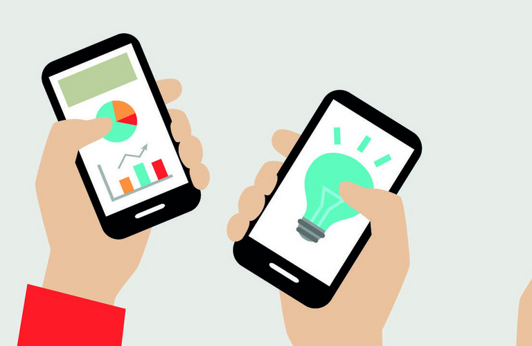 Grafik mit fünf Mobiltelefonen, die mit Armen nach oben gehoben werden