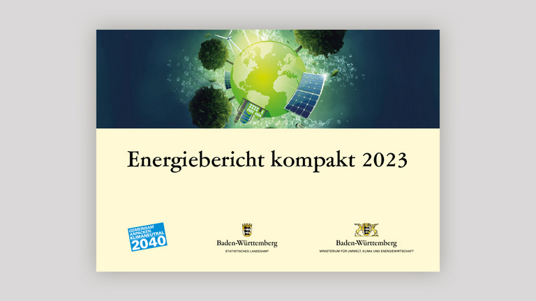 Das Cover des Energieberichts. Im oberen Drittel ist ein grafisches Bild mit der Erdkugel zu sehen auf dem Solarpanels, Windräder und Bäume stehen. Im unteren dritter ist der schwarze Schriftzug vor gelbem Hintergrund zu sehen.