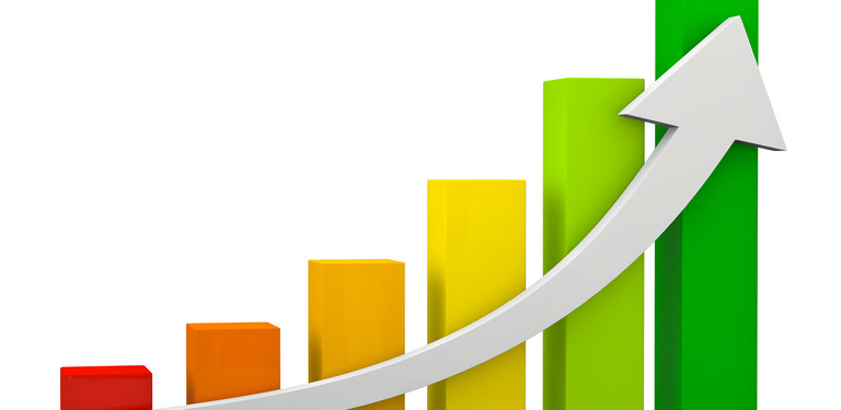 Dreidimensionale Grafik mit sechs Säulen, die von links nach rechts ansteigen. Darüber liegt ein Pfeil, der die Ansteigung verdeutlicht.