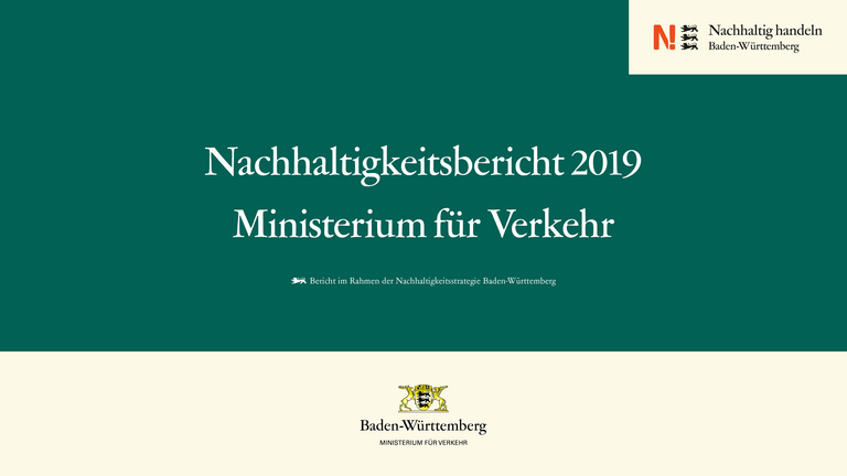 Gezeigt wird die Titelseite des Berichtsteils des Ministeriums für Verkehr vom Nachhaltigkeitsbericht 2019 des Landes.