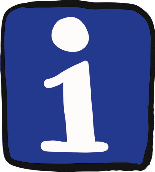 Zu sehen ist ein blaues Quadrat mit einer schwarzen Umrandung. In der Mitte des Quadrats ist ein weißes "i" in Kleinschreibung abgebildet, welches für "Information" steht.