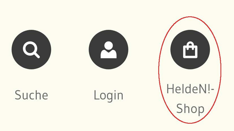 Ein Sreenshot zeigt aus aus dem Header einen Detail zu den Naviagtionspunkten Suche, Login und Helden-Shop. Umrandet ist der Link "Helden-Shop".