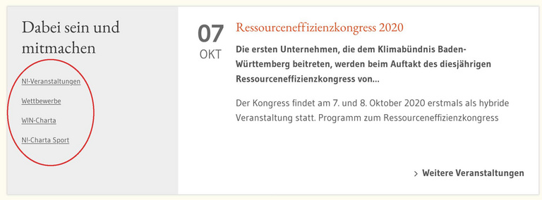 Ein Sreenshot zeigt die Navigationselemente der Startseite zu Aktionsbereichen und den nächsten Veranstaltungen. Rot umrandet sind die Elemente zu den Aktionsbereichen.