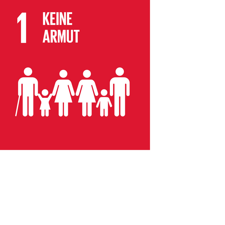 Icon für SDG 1 Kein Hunger. Abgebildet werden jeweils 2 Großeltern, Eltern und Kinder.