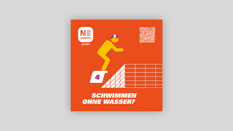 N!-Charta Sport Sticker: Schwimmen ohne Wasser? Roter Hintergrund mit einer grafisch dargestellten Person, die am Beckenrand eines Schwimmbeckens steht und im Begriff ist hineinzuspringen. Das Becken ist leer. Unten die weiße Aufschrift "Schwimmen ohne Wasser?"