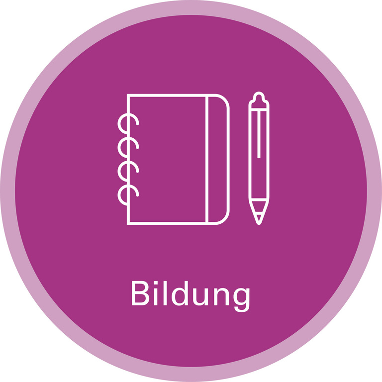 Handlungsfeld Bildung Icon zu Handlungsfeld: Bildung. Die Grafik zeigt als Strichzeichnung einen Spiral-Block und einen Stift.