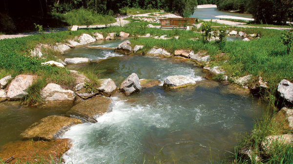 Dargestellt ist ein Bachlauf mit einer Fischtreppe. Im Bach liegen große Steine, die das Weiterfließen verlangsamen.