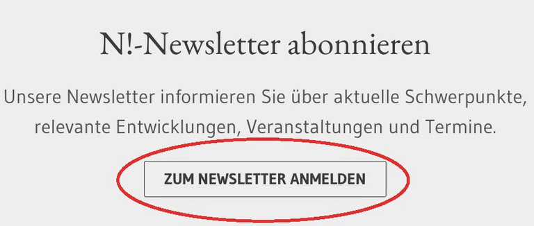 Ein Sreenshot zeigt die Navigationselemente im Footer zu den Newslettern der Nachhaltigkeitsstrategie. Rot umrandet ist der Button zur Anmeldung für die Newsletter..