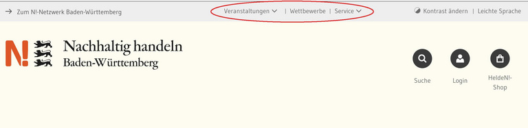 Ein Sreenshot des Headers zeigt die ersten beiden Navigationszeilen. Rot umrandet sind die Links zu Veranstaltungen, Wettbewerbe und Service.