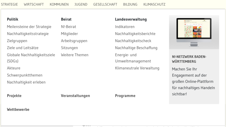 Ein Sreenshot zeigt aus dem Header die Zeile mit den Haupt-Naviagtionspunkten. Dazu auch das geöffnete Megamenü mit den wichtigsten Detailseiten.