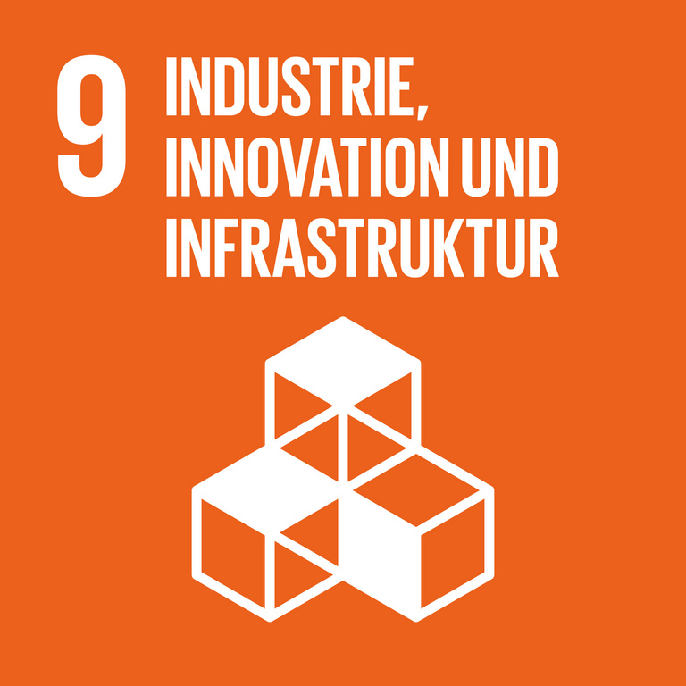 Icon für SDG 9 Innovation und Infrastruktur, dargestellt werden drei Würfel auf dunkelorangefarbenem Hintergrund.