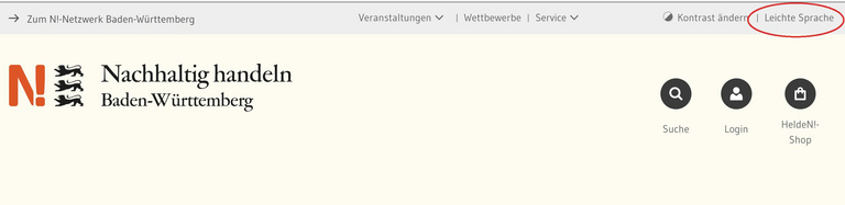 Ein Sreenshot des Headers zeigt die ersten beiden Navigationszeilen. Rot umrandet ist der Link zur Leichten Sprache..