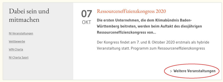 Ein Sreenshot zeigt die Navigationselemente der Startseite zu Aktionsbereichen und den nächsten Veranstaltungen. Rot umrandet ist der Link zu den Veranstaltungen..