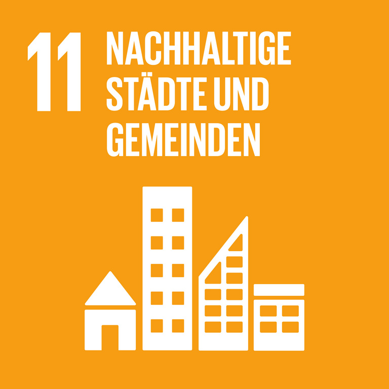 Icon für SDG 11 Nachhaltige Städte und Gemeinden, dargestellt werden vier Stadthäuser auf orangefarbenem Hintergrund.