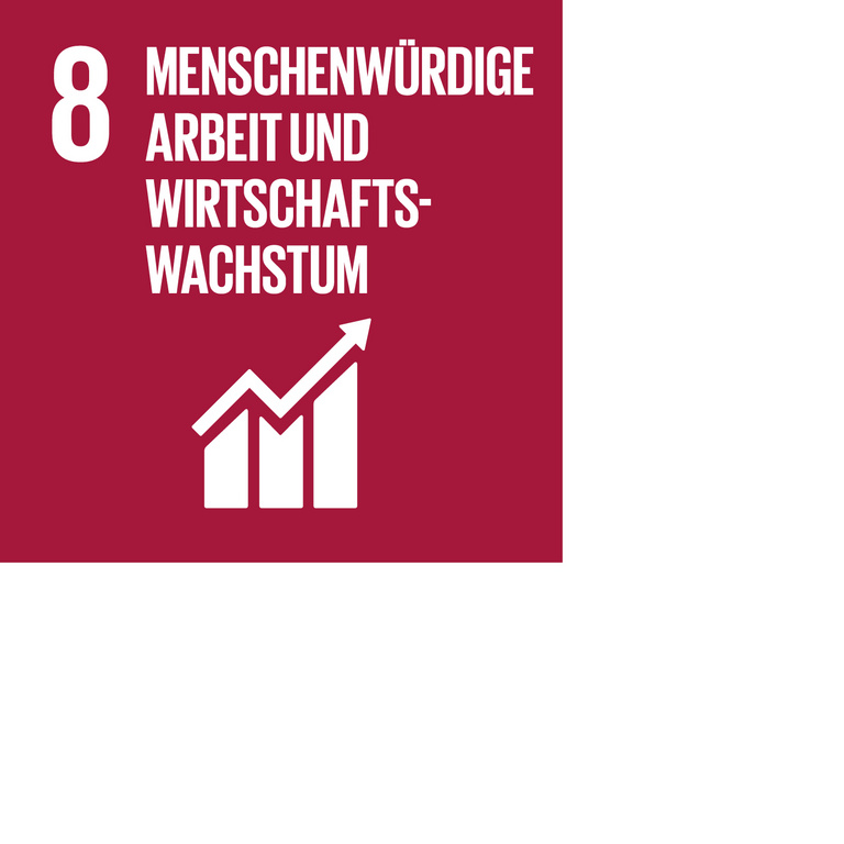 Icon für SDG 8 Arbeitsplätze, Wirtschaftswachstum, dargestellt wird ein Fabrikgebäude mit einem Entwicklungspfeil nach oben auf dunkelrotem Hintergrund.