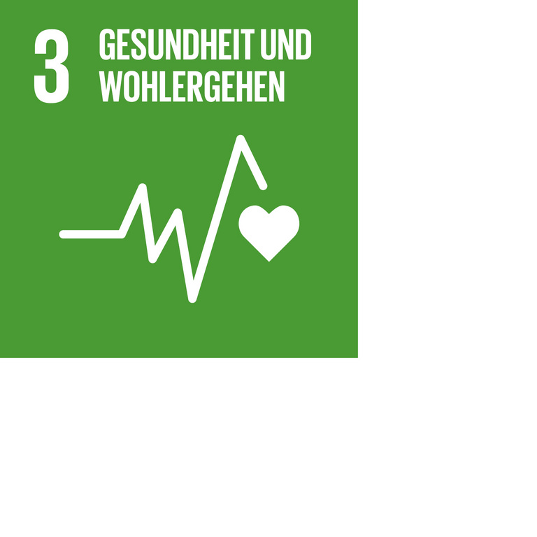 Icon für SDG 3 Gesundheit und Wohlergehen, dargestellt wird eine EKG-Kurve und ein Herz auf grünem Hintergrund.