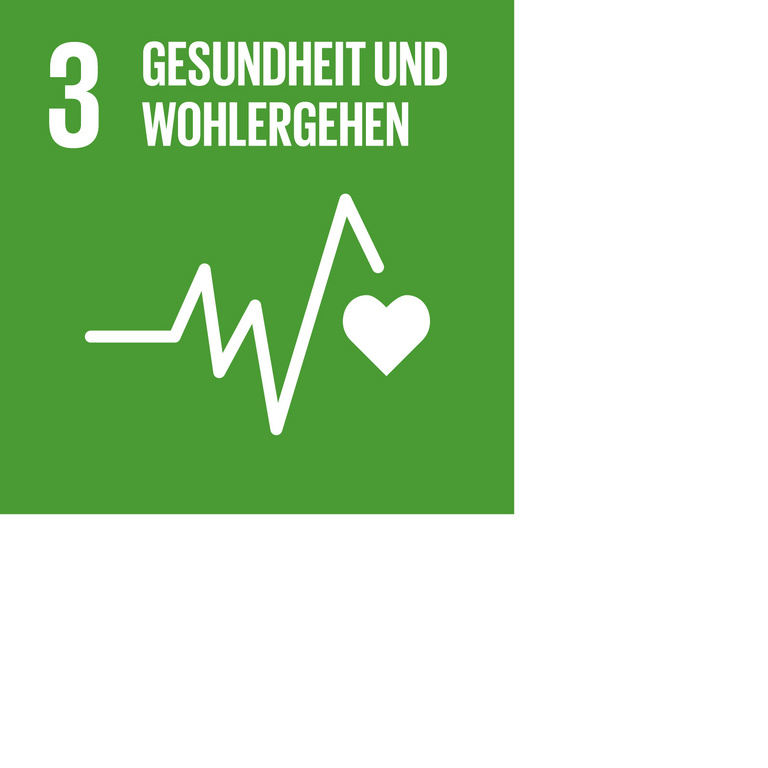 Icon für SDG 3 Gesundheit und Wohlergehen, dargestellt wird eine EKG-Kurve und ein Herz auf grünem Hintergrund.
