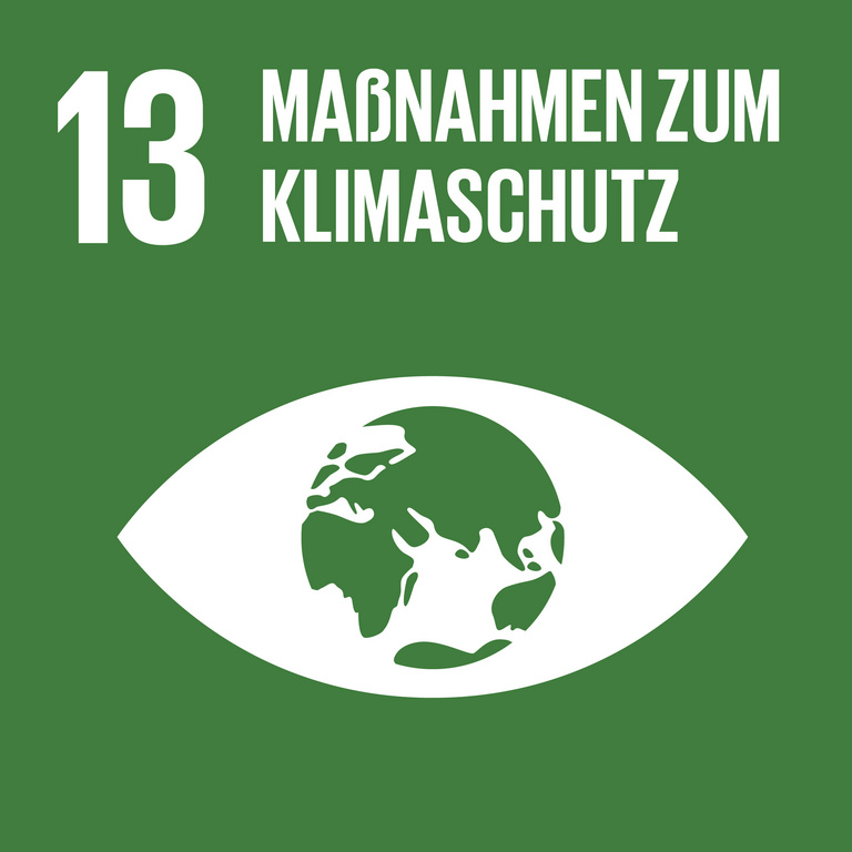 Icon für SDG 13 Maßnahmen zum Klimaschutz, dargestellt wird ein Auge mit einer Weltkugel als Pupille auf dunkelgrünem Hintergrund.