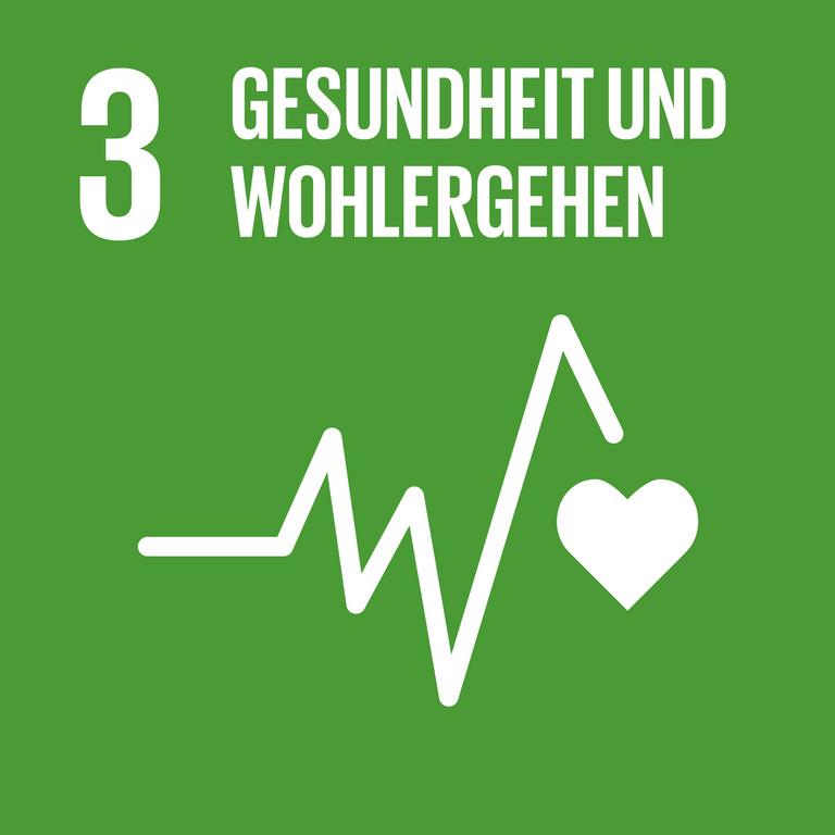 Icon für SDG 3 Gesundheit und Wohlergehen, dargestellt wird eine EKG-Kurve und ein Herz auf grünem Hintergrund.