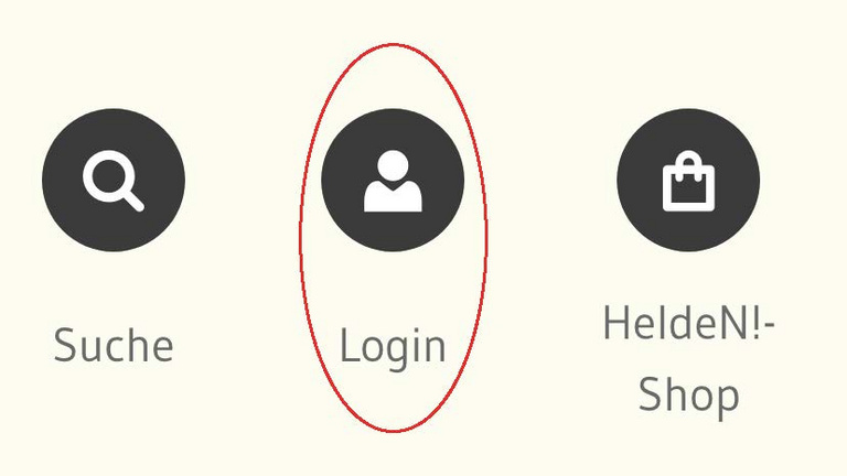 Ein Sreenshot zeigt aus aus dem Header einen Detail zu den Naviagtionspunkten Suche, Login und Helden-Shop. Umrandet ist der Link "Login". 