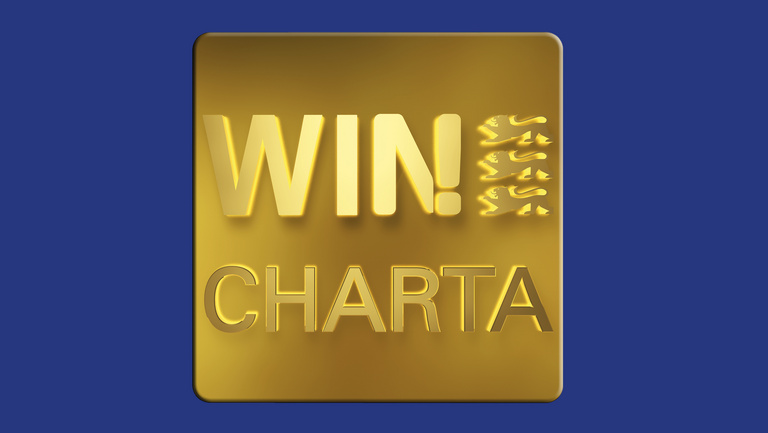 Das goldene Logo der WIN-Charta auf blauem Grund.