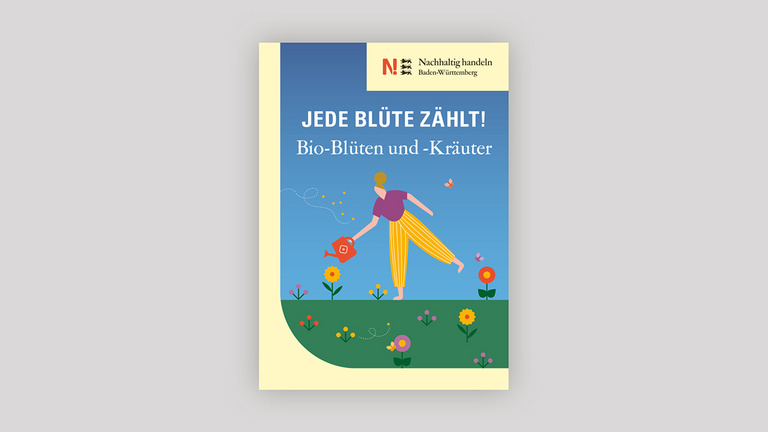 Samentütchen Bio-Blüten und -Kräuter Vorderseite des Samentütchens mit einer Grafik: Blauer Himmel, unten ein grüner Wiesenabschnitt. Darauf ein paar Blumen und eine Frau mit einer Gießkanne in der Hand. Oben die Aufschrift: Jede Blüte zählt! Bio-Blüten und -Kräuter