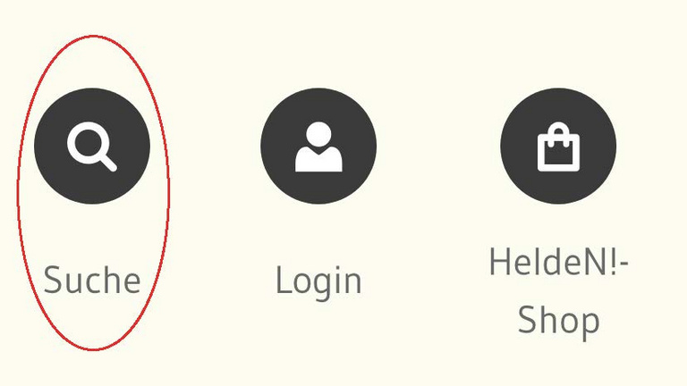 Ein Sreenshot zeigt aus aus dem Header einen Detail zu den Naviagtionspunkten Suche, Login und Helden-Shop.  Umrandet ist der Link "Suche". Rot umrandet ist der Link zum Kontrastschalter.