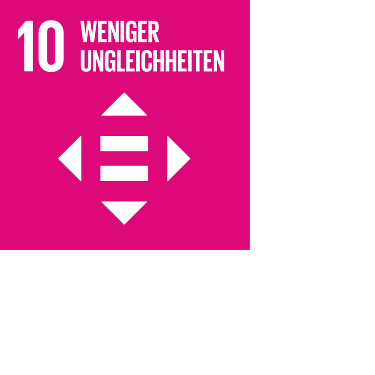 Icon für SDG 10 Weniger Ungleichheiten, dargestellt wird ein sich nach rechts öffnender Kreis mit einem Gleichheitszeichen in der Mitte auf pinkfarbenem Hintergrund.