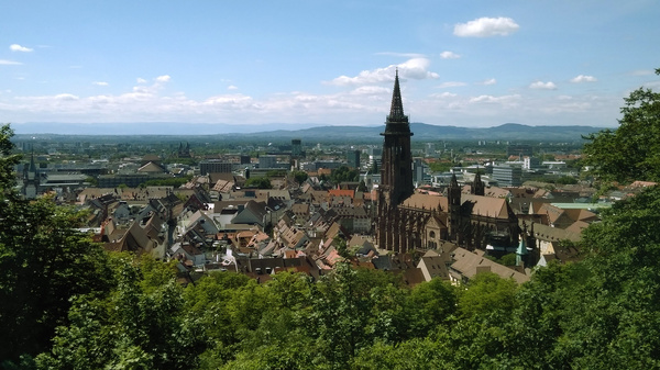 Freiburg Blick vom Waldrand aus auf Freiburg mit seinem Münster und dahinterliegende Bergzüge des Schwarzwalds.