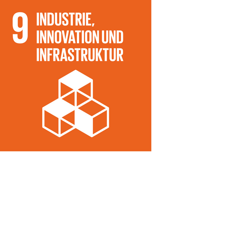Icon für SDG 9 Innovation und Infrastruktur, dargestellt werden drei Würfel auf dunkelorangefarbenem Hintergrund.