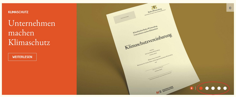 Ein Sreenshot zeigt das Sliderelement mit Naviagtionselement und der Schaltfläche für die Sliderbilder.. 