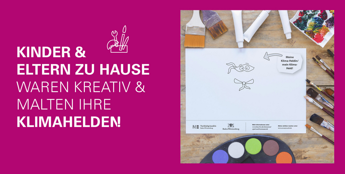 Eltern und Kinder zu Hause waren kreativ & malten ihre Klimahelden. Rechts auf dem Bild ist die Malvorlage zu sehen.