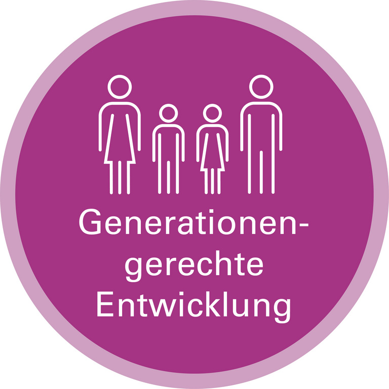 Handlungsfeld Generationengerechte Entwicklung Icon zu Handlungsfeld: Generationengerechte Entwicklung. Die Grafik zeigt als Strichzeichnung vier verschiedene Strichmännchen, die eine Familie darstellen.