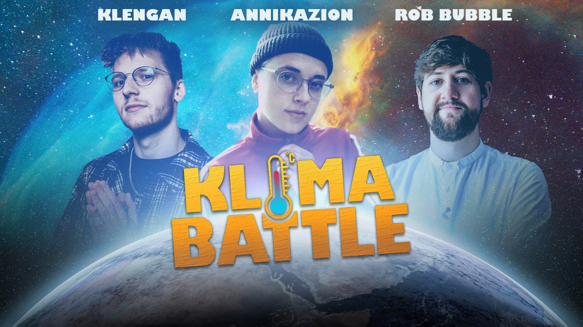 Drei Jugendliche, Klengan, Annikazion und Rob Bubble, schauen hinter einem Ausschnitt der Weltkugel hervor. Mitten im Bild steht der Schriftzug Klima-Battle.