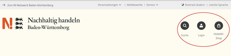 Ein Sreenshot des Headers zeigt die ersten beiden Navigationszeilen. Rot umrandet sind die Links Suche, Login und HeldeN!-Shop..