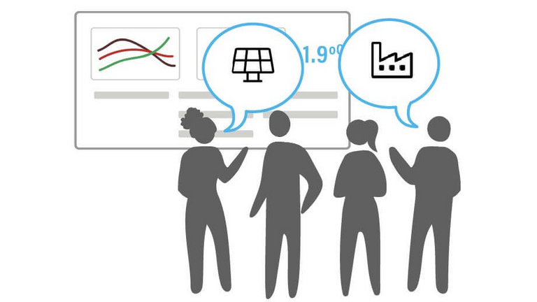 Vier diskutierende Personen vor einer Präsentation, dargestellt mit Piktogrammen.