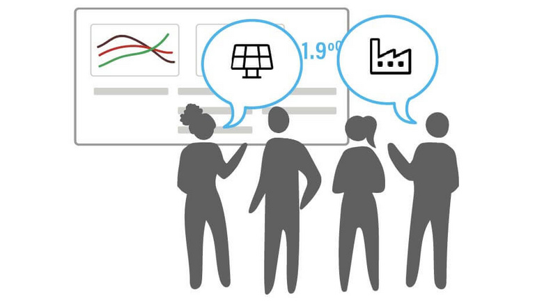 Vier diskutierende Personen vor einer Präsentation, dargestellt mit Piktogrammen.