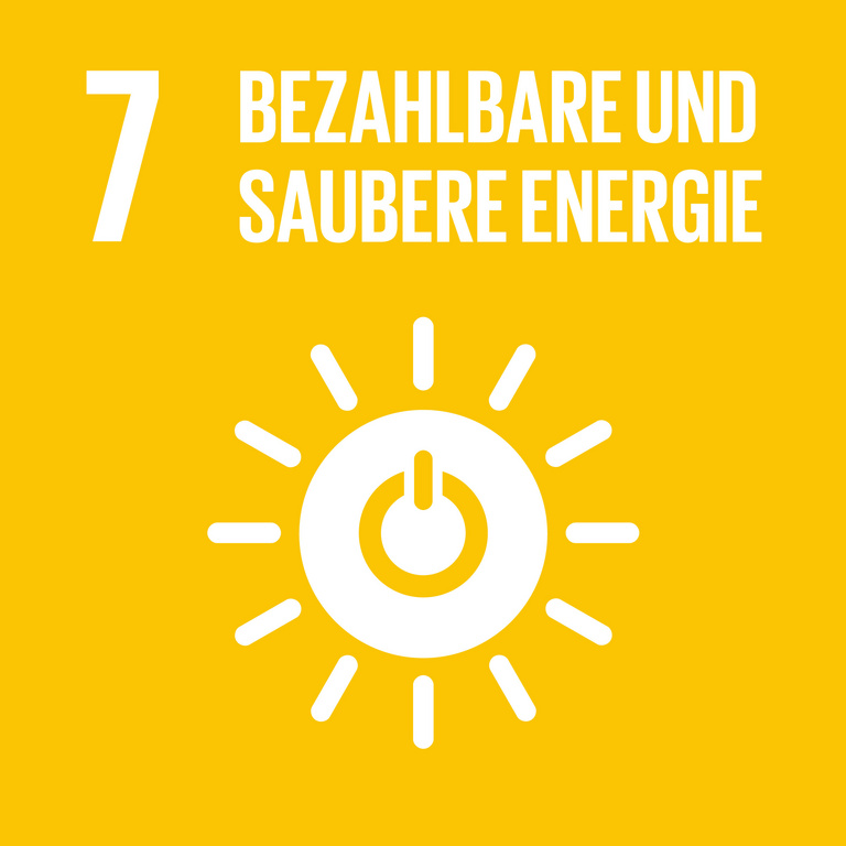 Icon für SDG 7 bezahlbare und saubere Energie, dargestellt wird eine Sonne auf gelbem Hintergrund.
