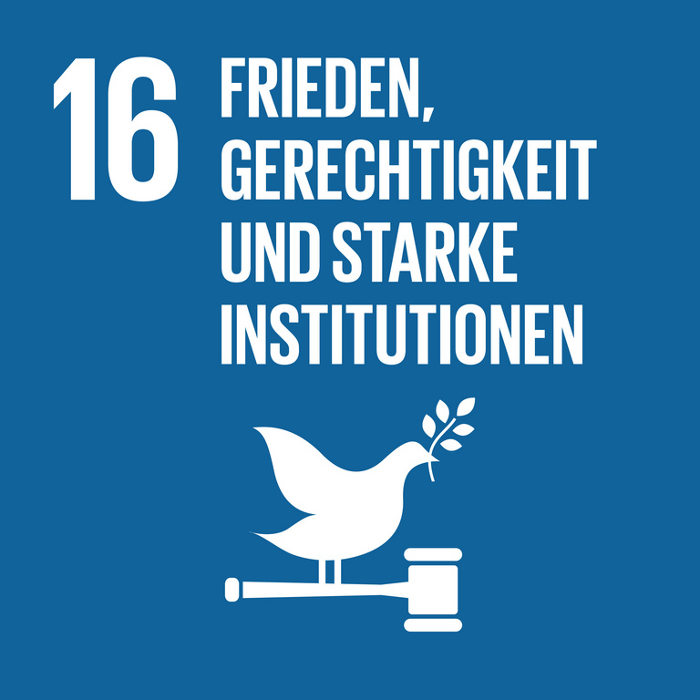 Icon für SDG 16 Frieden und Gerechtigkeit, dargestellt wird eine Friedenstaube auf einem Richterhammer auf dunkelblauem Hintergrund.