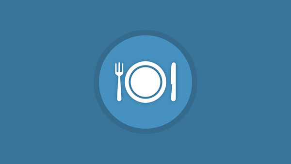 Icon Teller, links davon Gabel und recht ein Messer auf blauem Hintergrund.