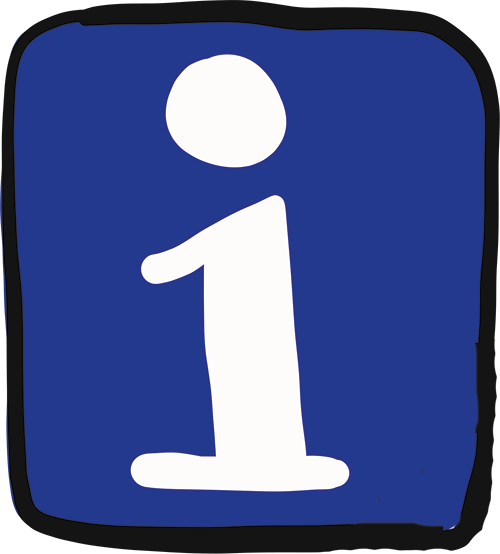 Zu sehen ist ein blaues Quadrat mit einer schwarzen Umrandung. In der Mitte des Quadrats ist ein weißes "i" in Kleinschreibung abgebildet, welches für "Information" steht.