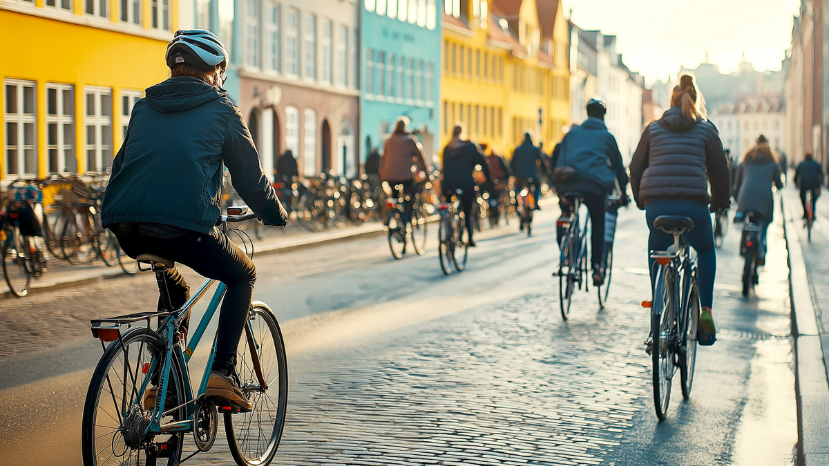 Fahrradstadt Kopenhagen Eine Gruppe von Menschen radelt durch Kopenhagen.