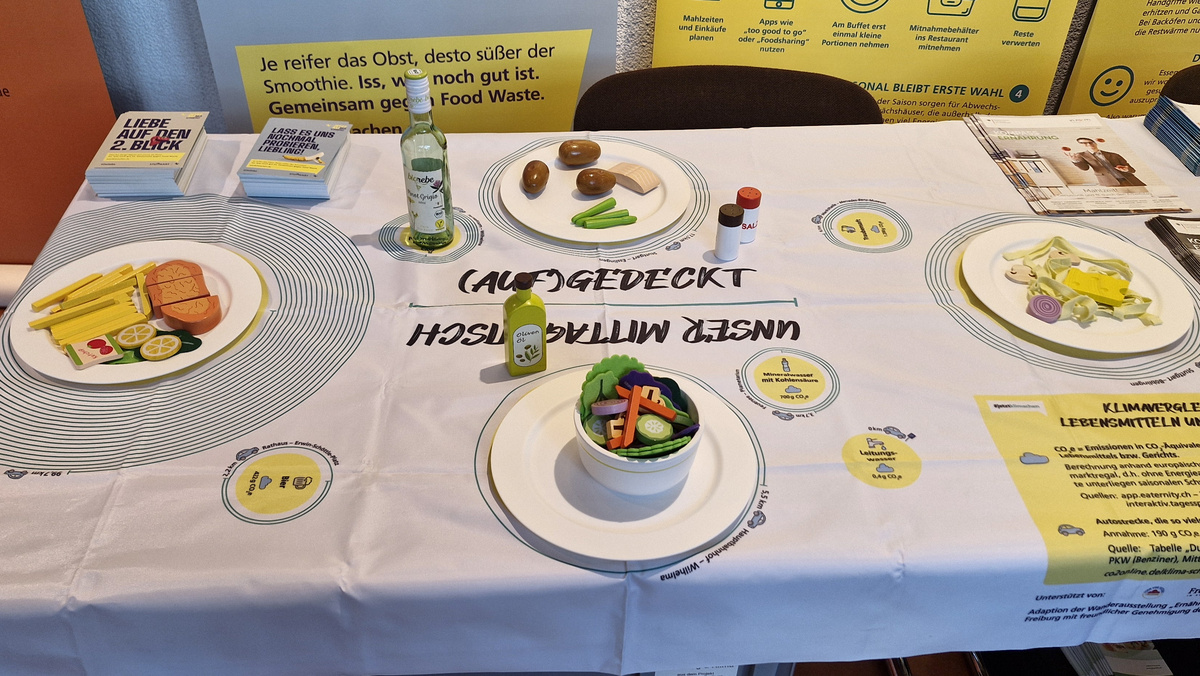 Gedeckter Tisch mit Lebensmitteln aus demKaufladen