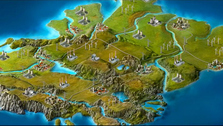 Blick aus der Vogelperspektive auf das fiktive Land Energetika